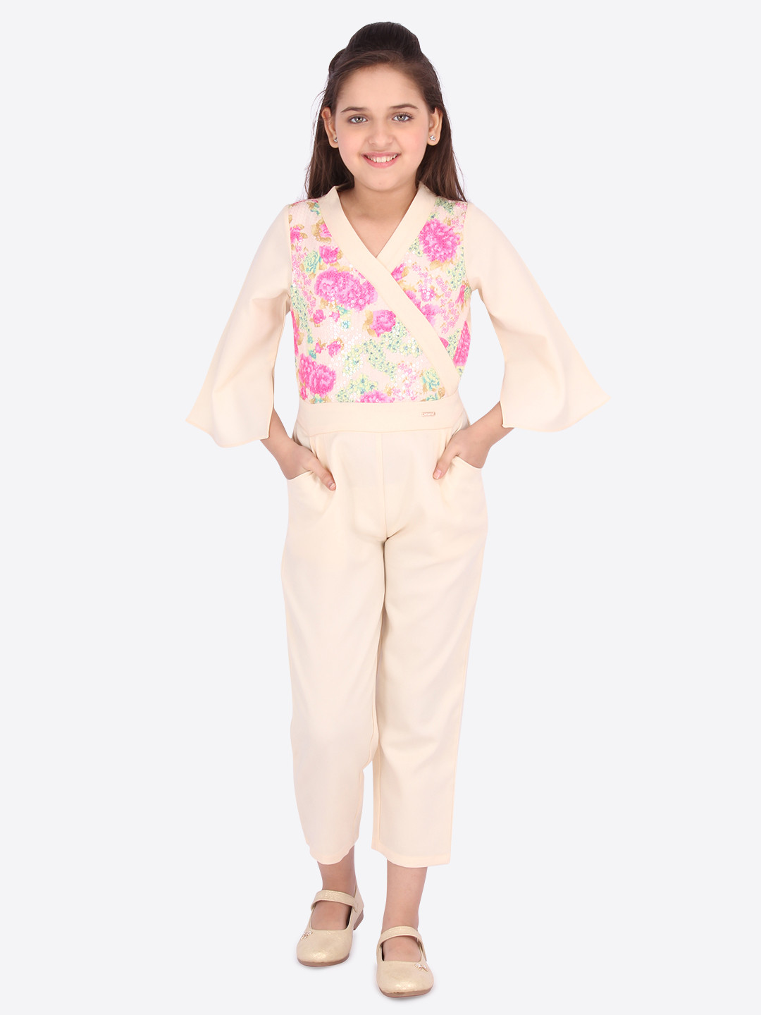 

CUTECUMBER Girls Cream-Coloured & Pink Solid Culotte Jumpsuit