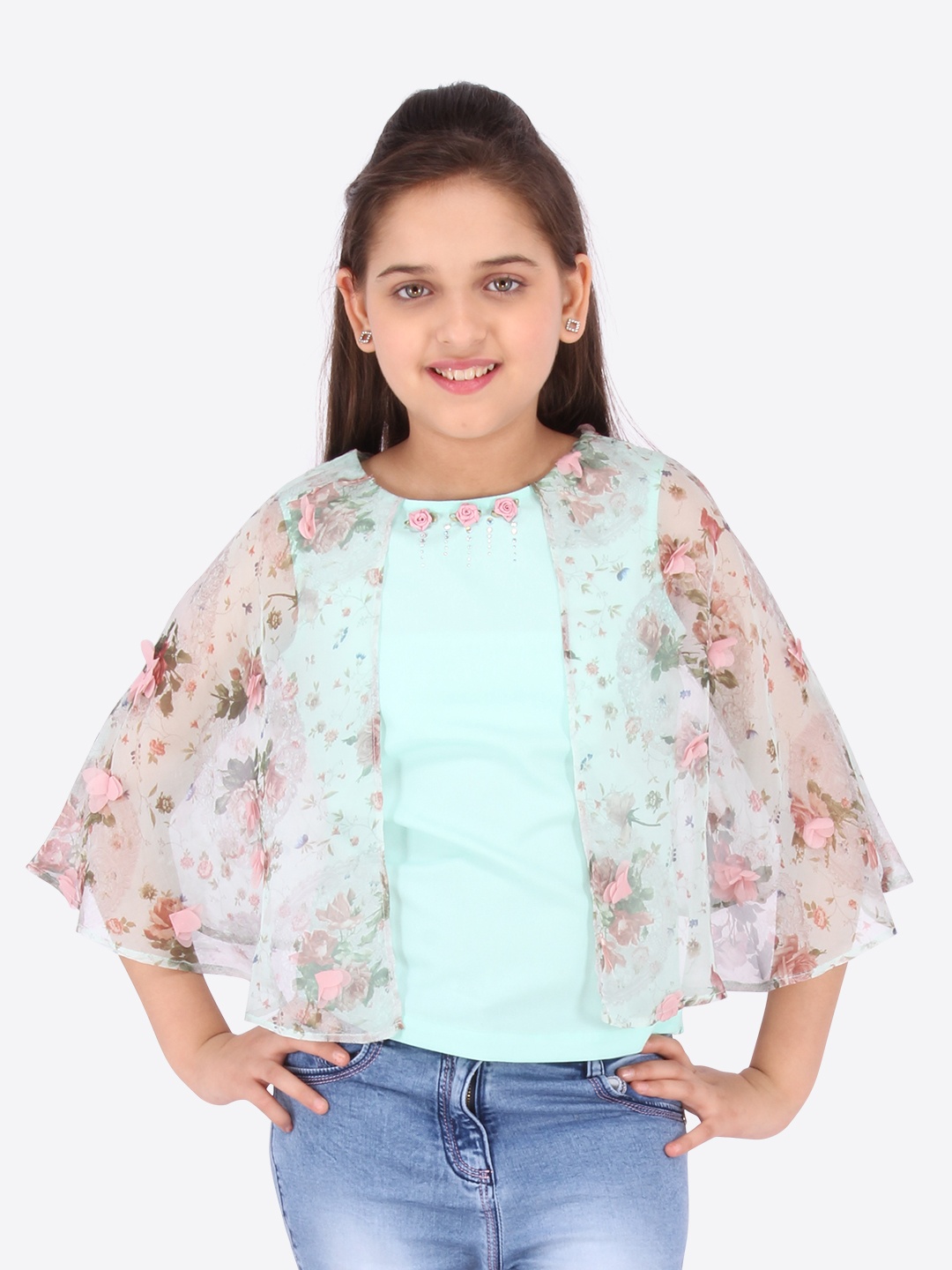 

CUTECUMBER Girls Green Printed Cape Top