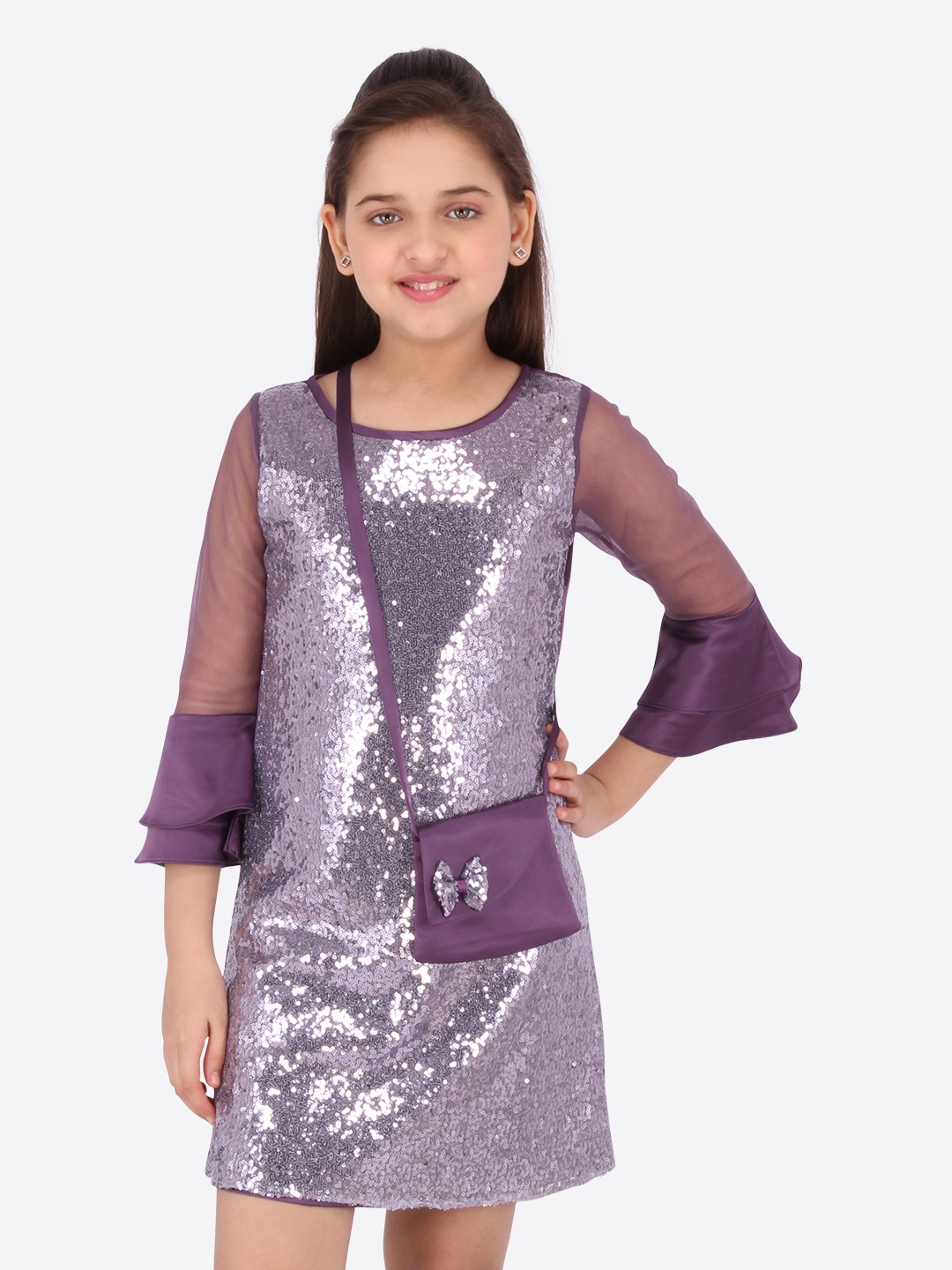 

CUTECUMBER Girls Purple Embellished Sheath Dress With Sling Bag