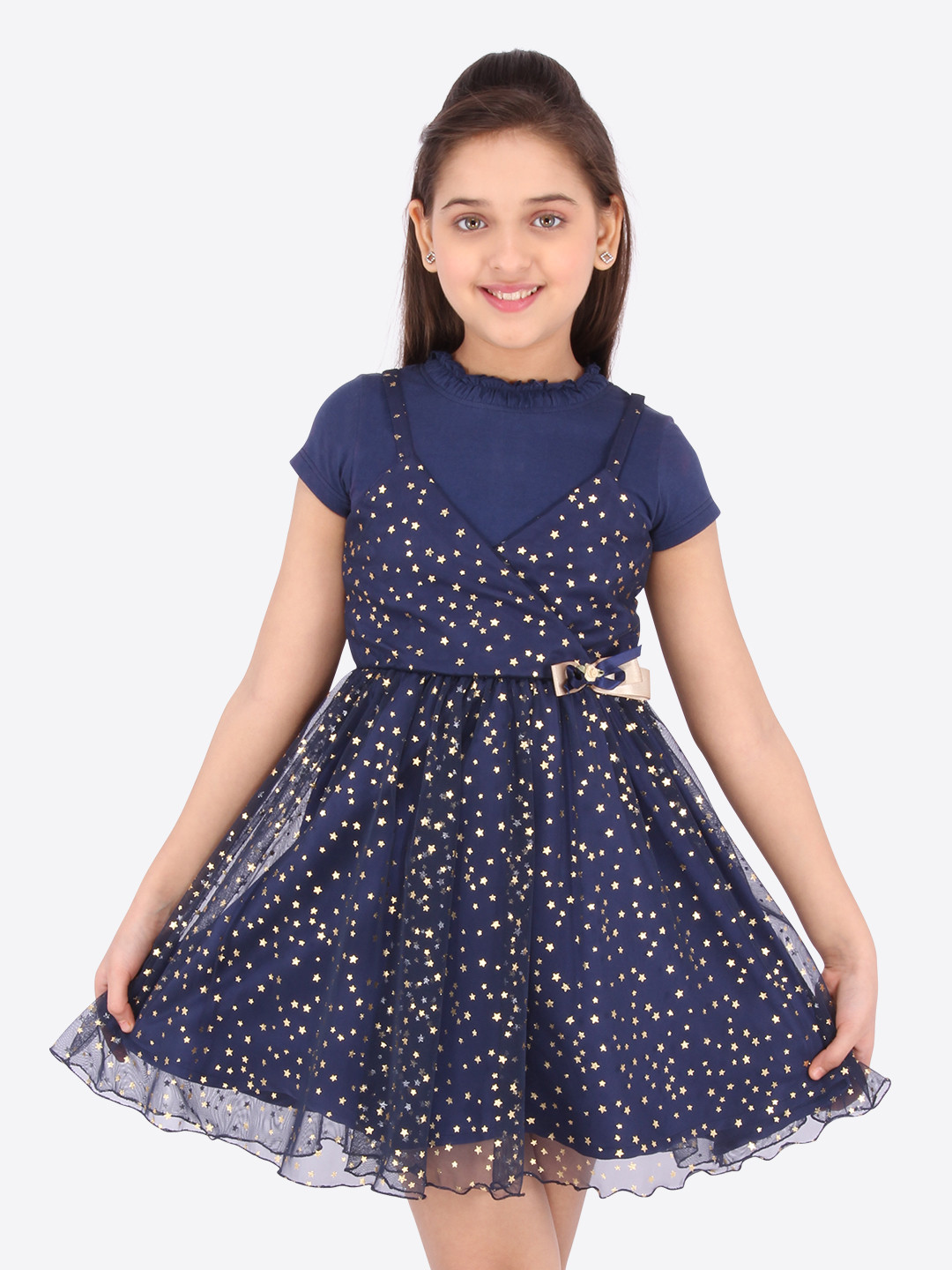 

CUTECUMBER Girls Navy Blue Embellished Fit and Flare Dress
