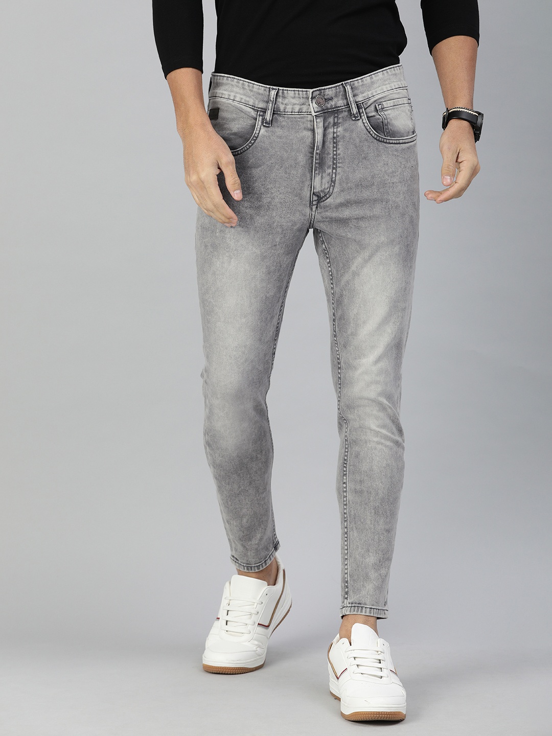 

WROGN Men Grey Skinny Fit Mid-Rise Clean Look Stretchable Cropped Jeans