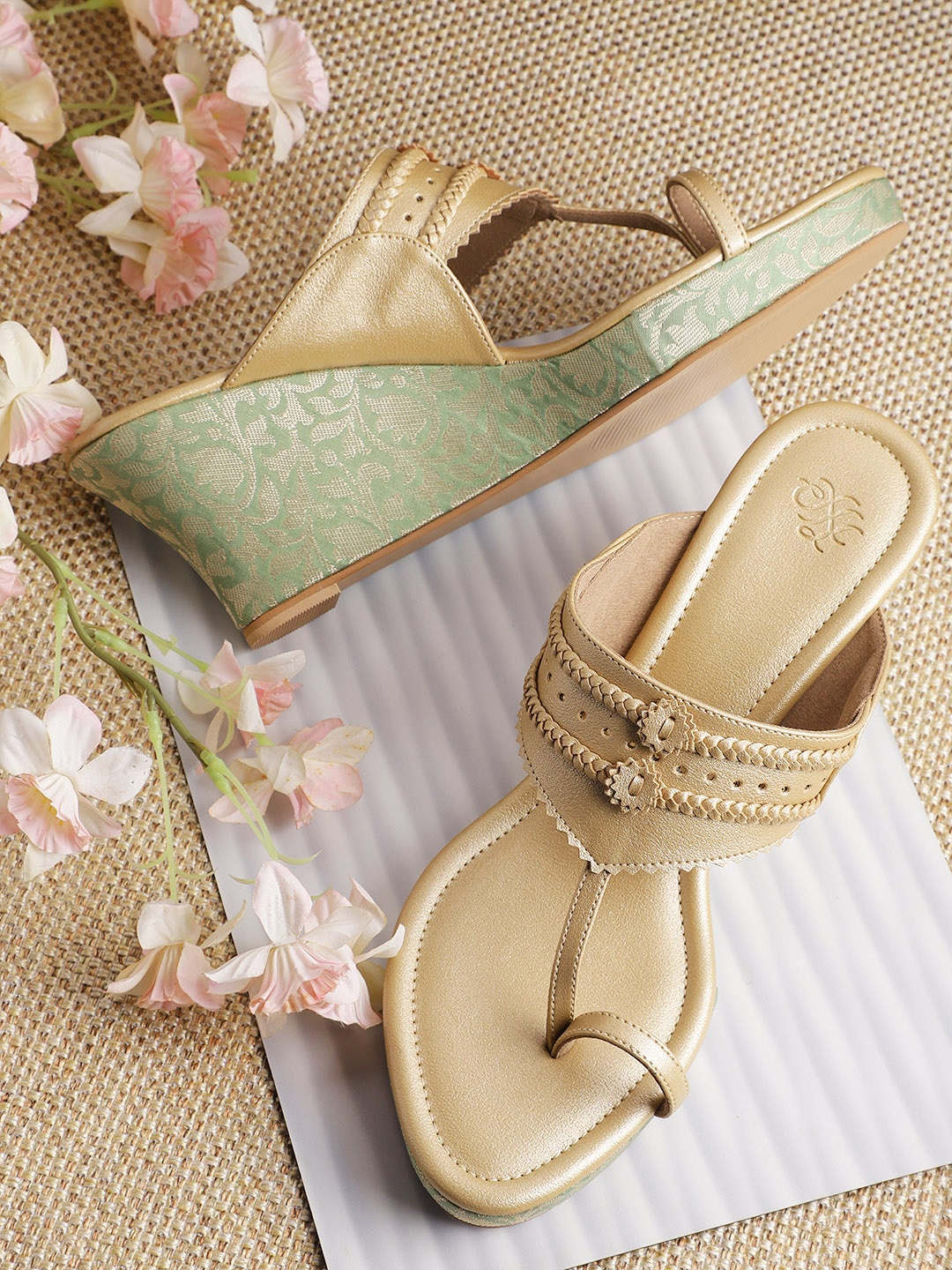 

House of Pataudi Women Muted Gold-Toned Braided Handcrafted Wedges