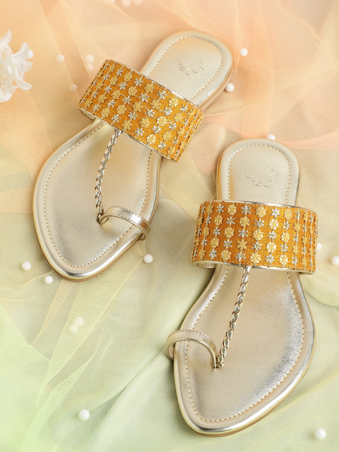

House of Pataudi Women Mustard Yellow & Gold-Toned Handcrafted Embroidered One Toe Flats