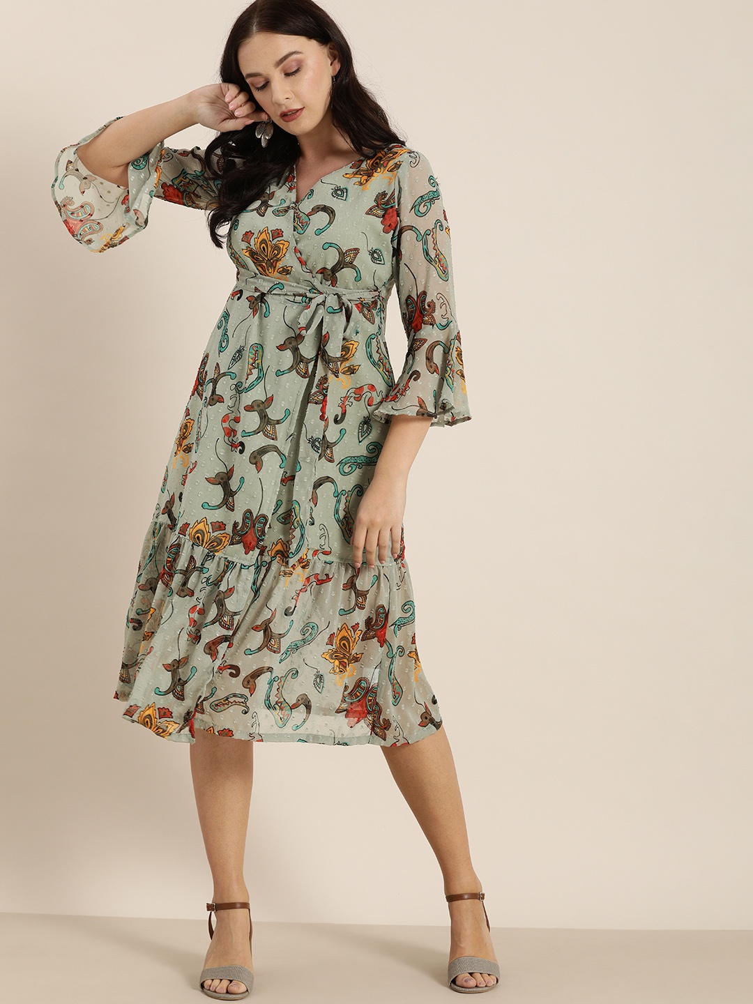 

Moda Rapido Women Grey & Yellow Dobby Weave Ethnic Printed Midi Wrap Dress