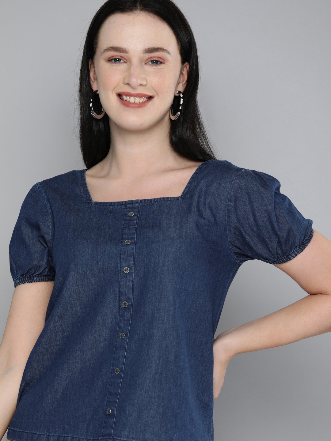 

HERE&NOW Blue Puff Sleeve Denim Regular Top