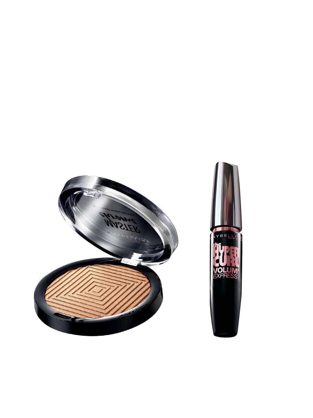 

Maybelline New York Set of Face Studio Highlighter & Hypercurl Washable Black Mascara, Gold