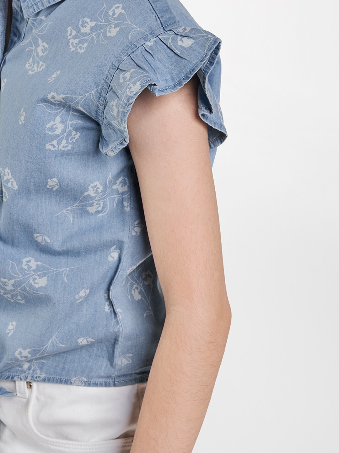 

AND Blue Floral Pure Cotton Shirt Style Top with Tie Up Detail