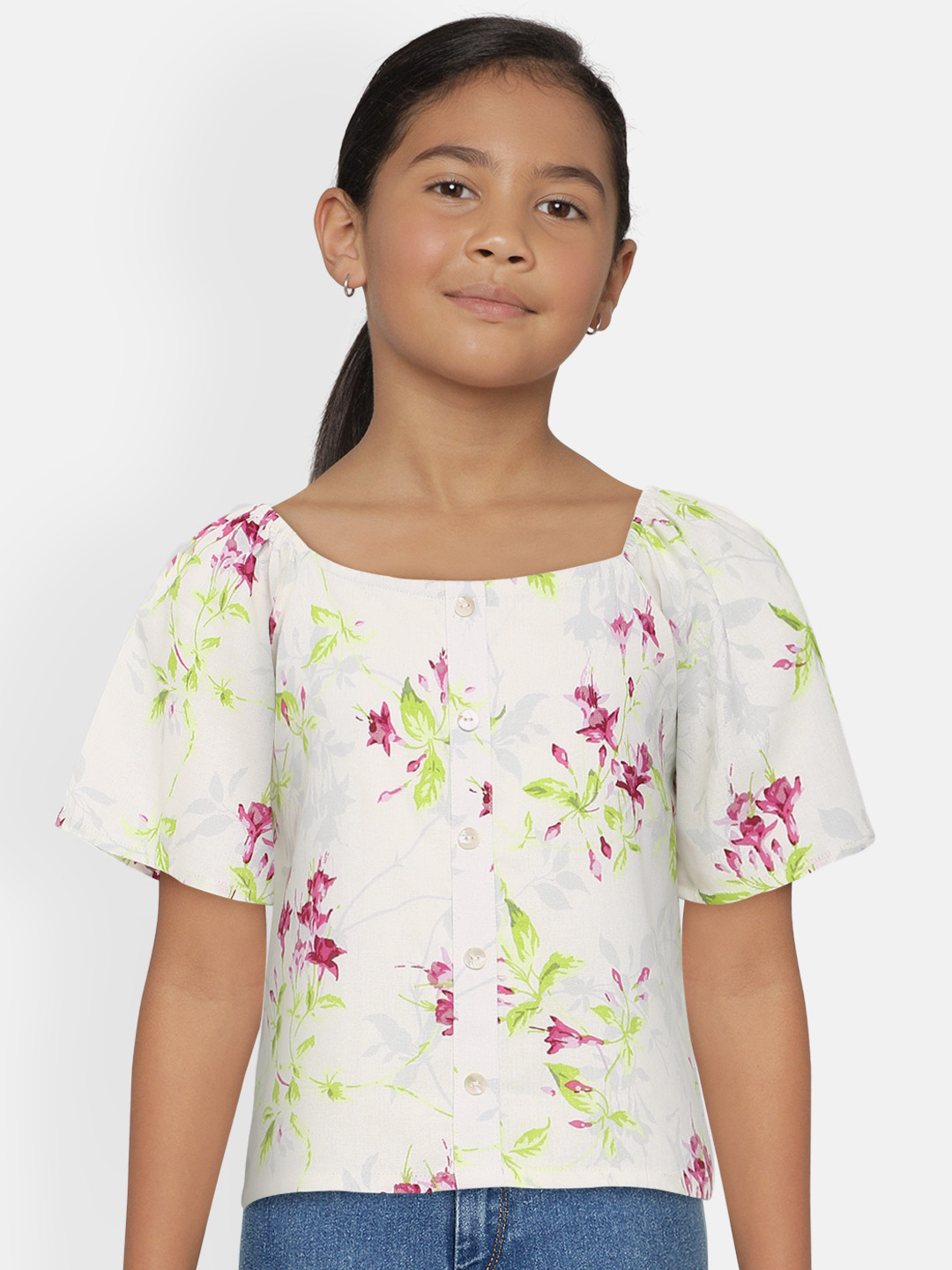 

AND Girls Off White Floral Printed Regular Top