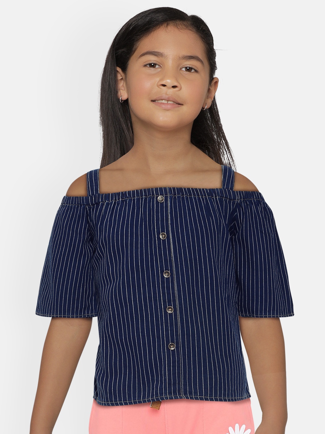 

AND Navy Blue Striped Cold-Shoulder Sleeves Indigo Pure Cotton A-Line Top