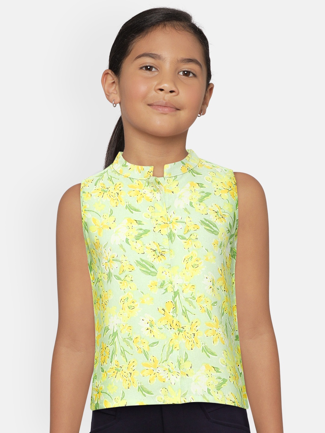 

AND Girls Lime Green & Yellow Tropical Printed Mandarin Collar Top