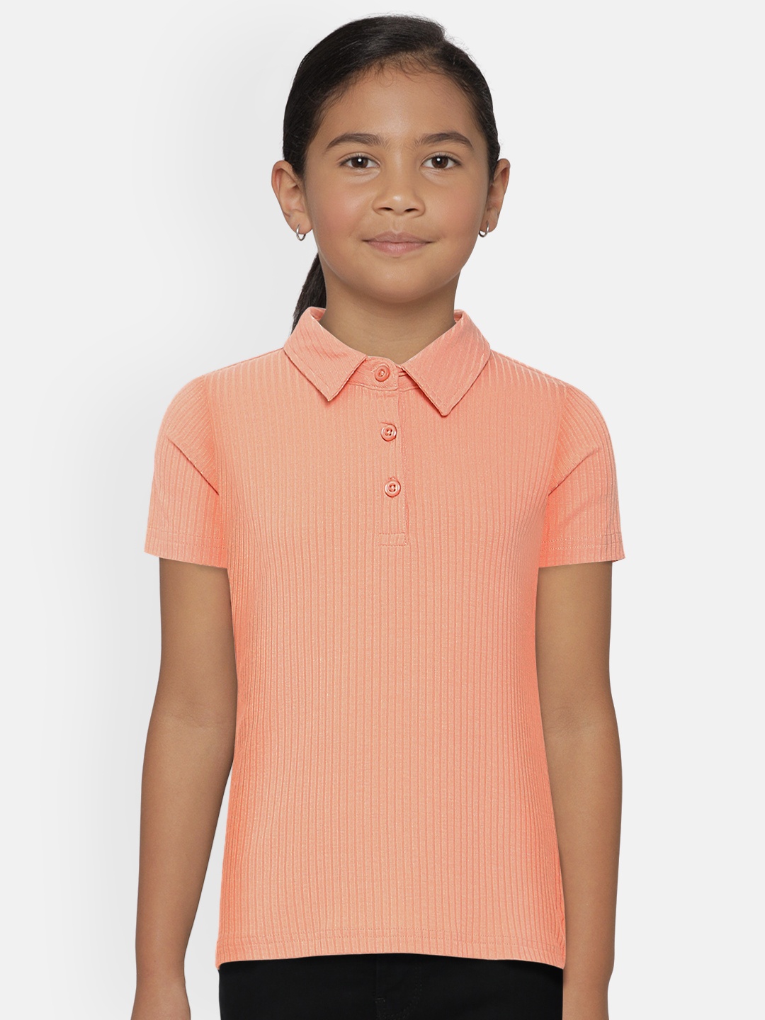 

AND Girls Peach-Coloured Solid Polo Collar T-shirt