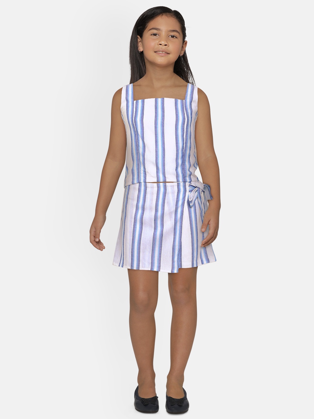 

AND Girls Blue & White Striped Top with Skirt