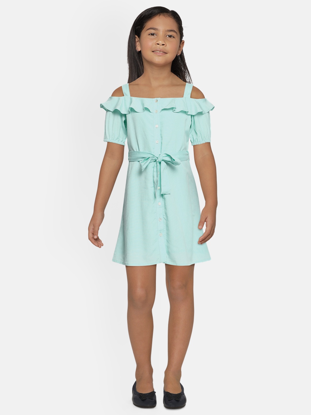 

AND Girls Mint Green Solid Shoulder Straps A-Line Dress