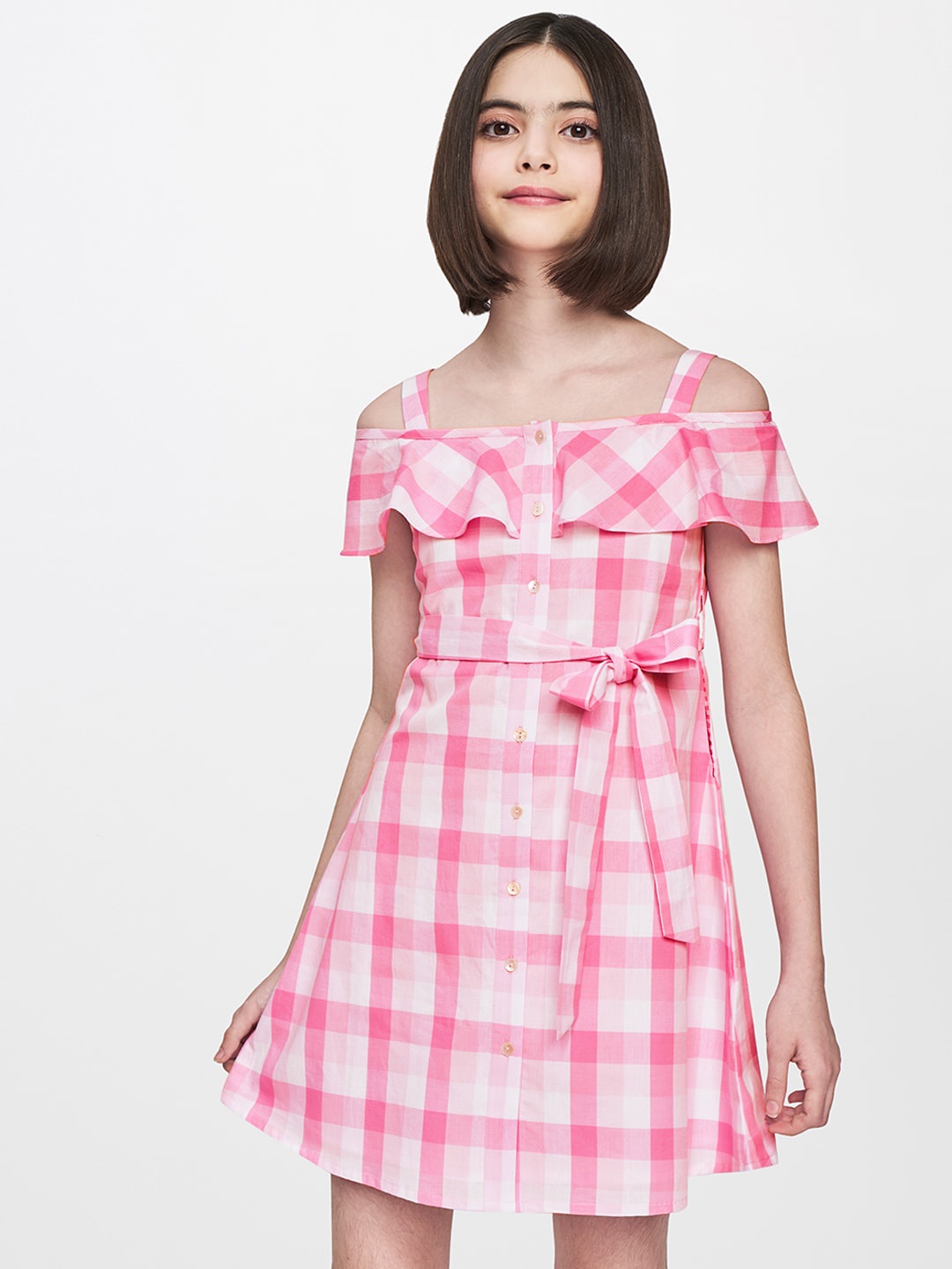 

AND Pink & White Checked Fit & Flare Dress