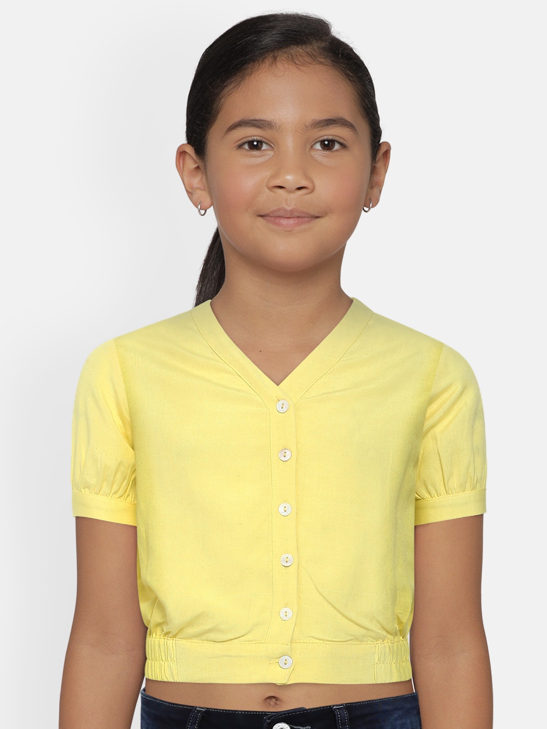 

AND Yellow Solid Puff Sleeves V-Neck Blouson Top