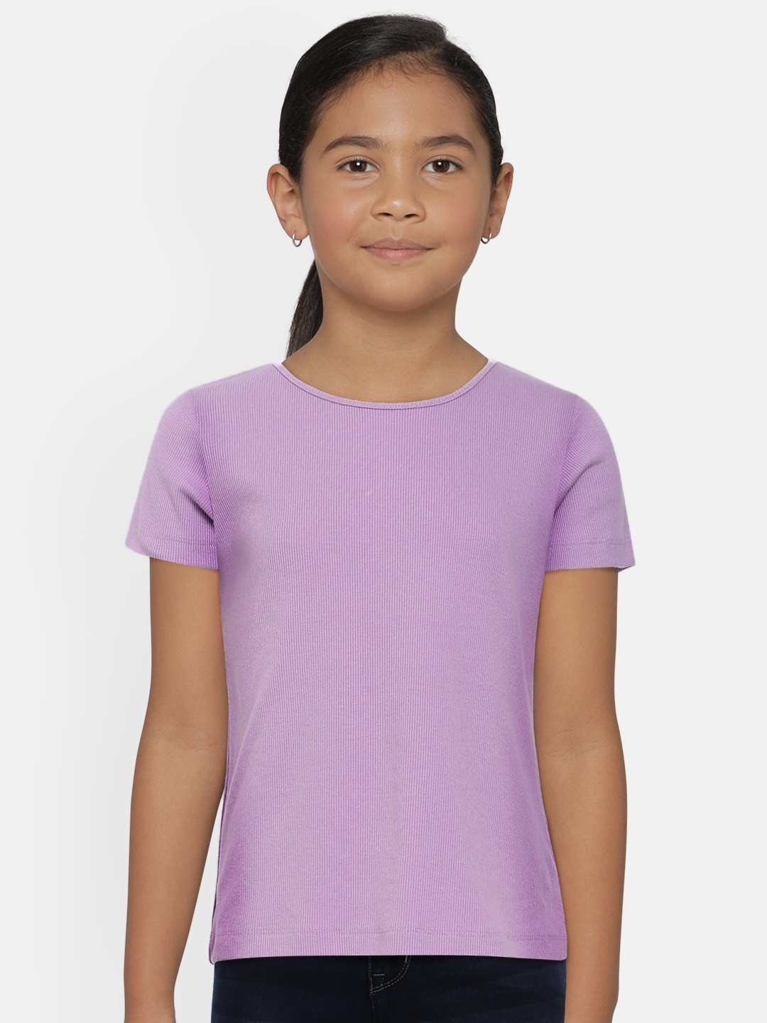 

AND Girls Lavender Solid Round Neck T-shirt