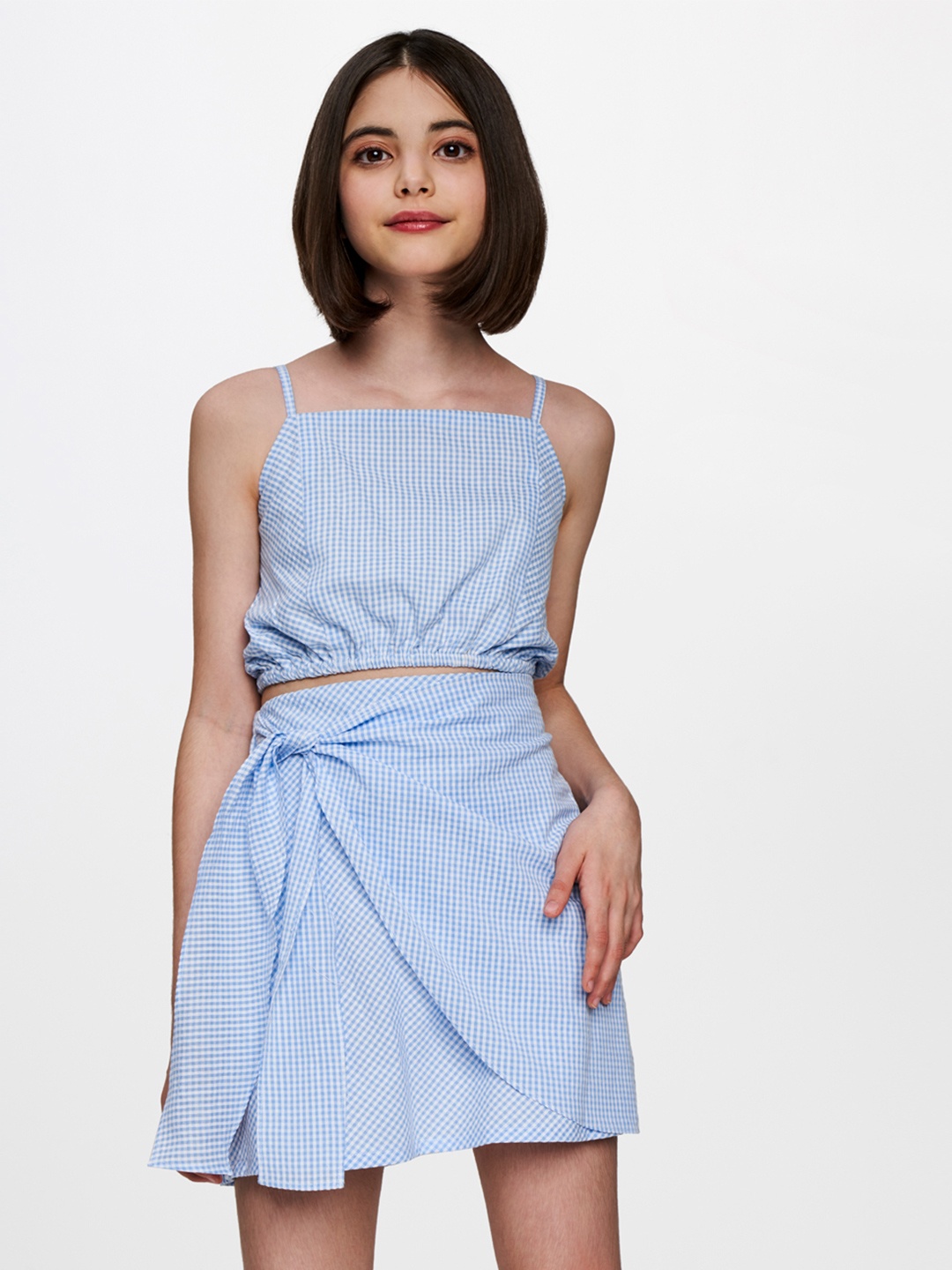 

AND Girls Blue & White Checked Top with Skirt