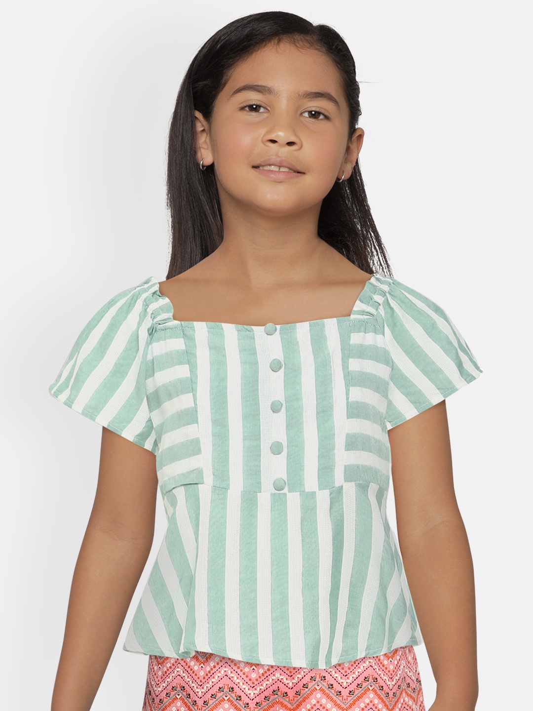 

AND Girls Green & White Striped Cape Sleeves A-Line Crop Top