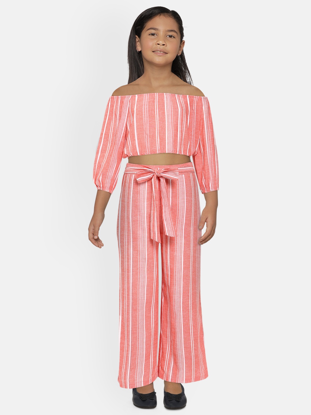 

AND Girls Coral & White Striped Top with Palazzos