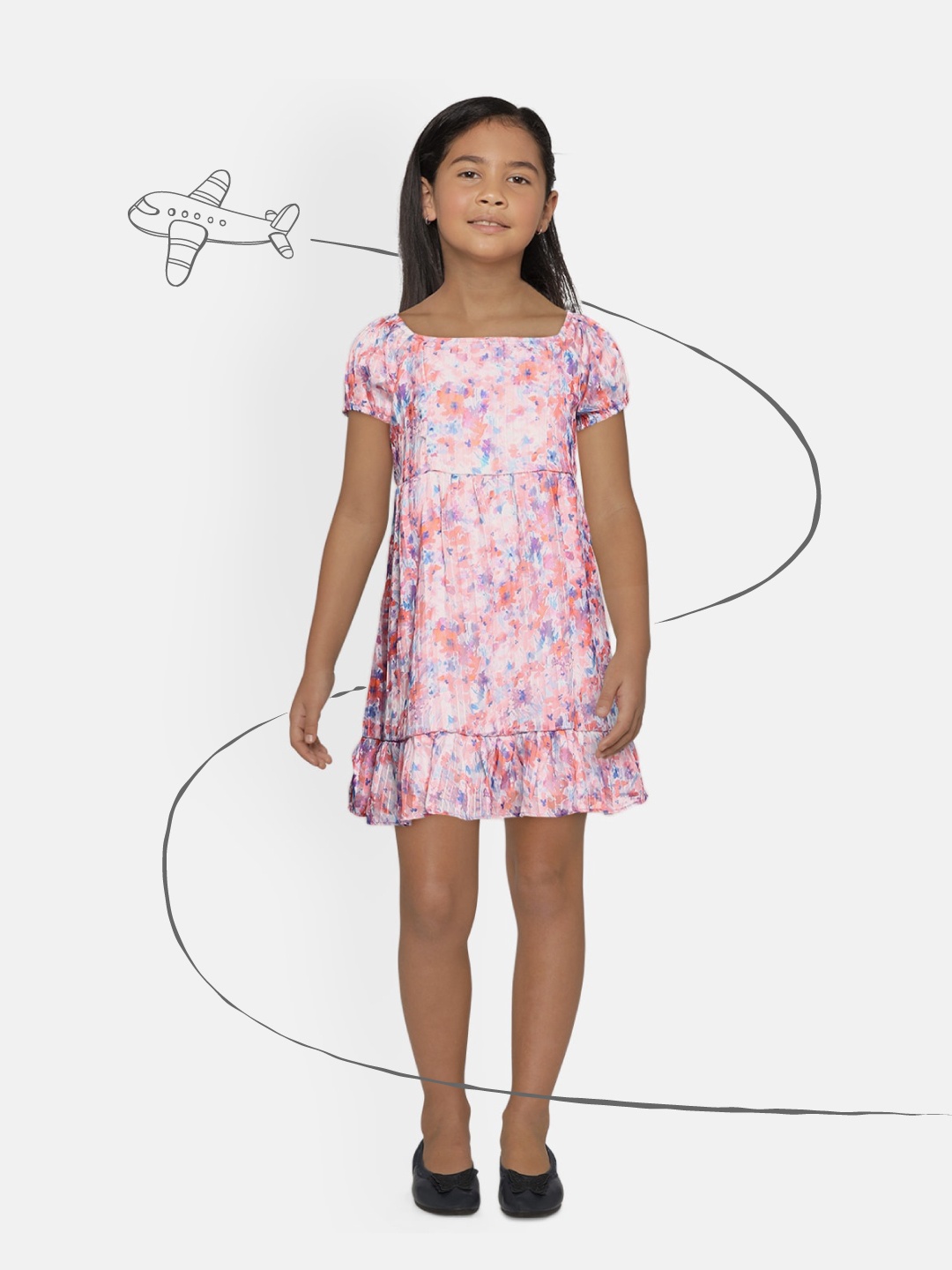 

AND Girls Multicoloured Printed Drop-Waist Dress, Multi