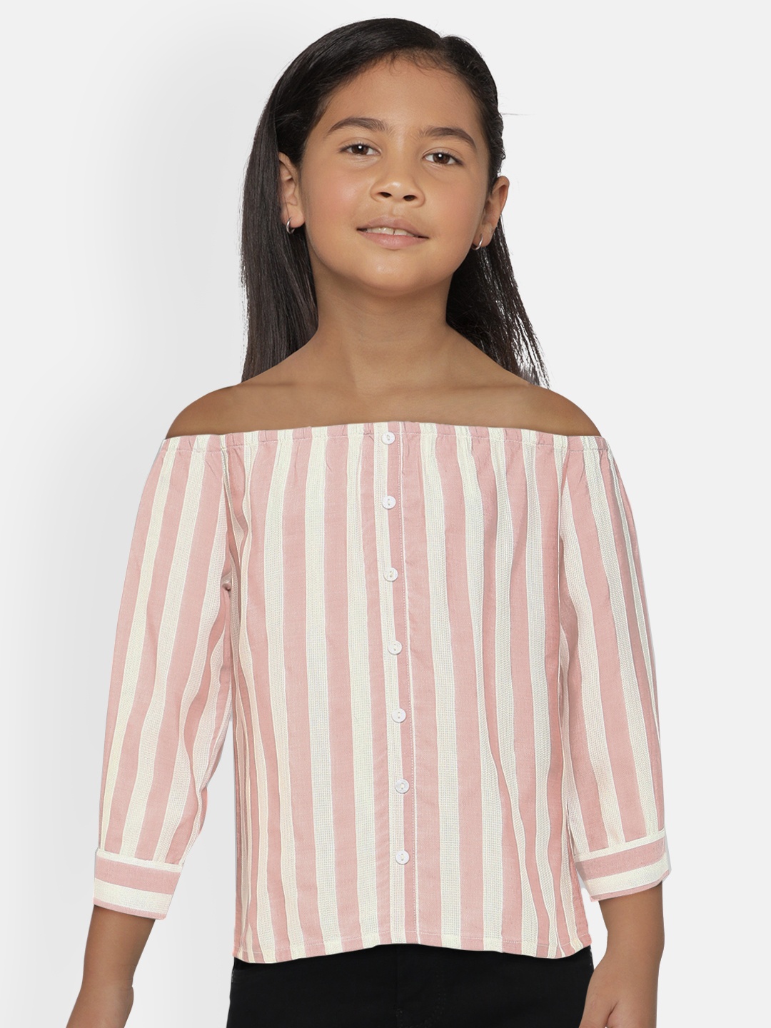 

AND Pink & Off White Striped Off-Shoulder A-Line Top