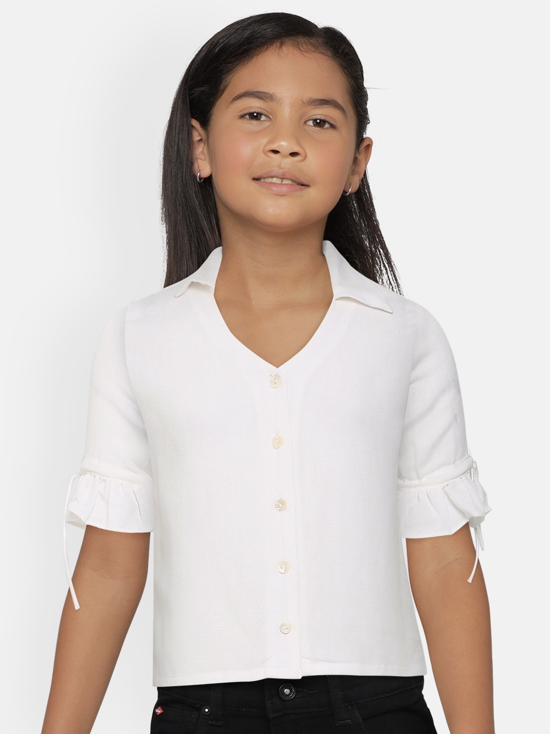 

AND White Solid Bell Sleeves Shirt Style Top