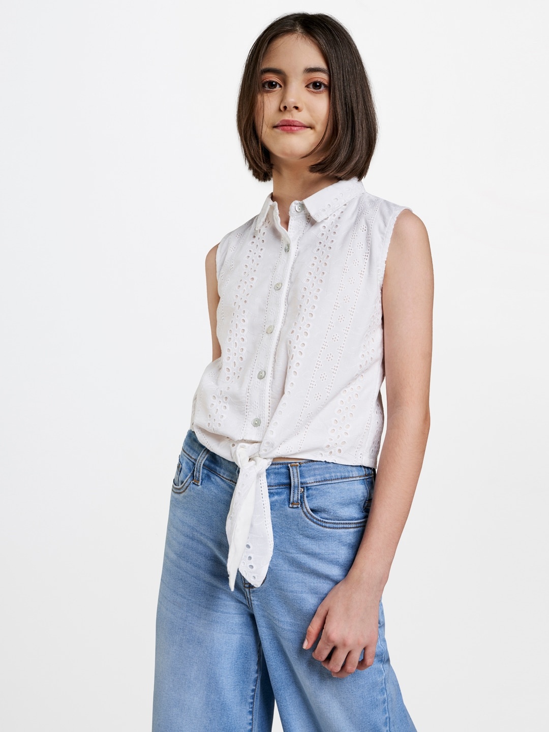 

AND White Pure Cotton Shirt Style Top with Eyelet Details