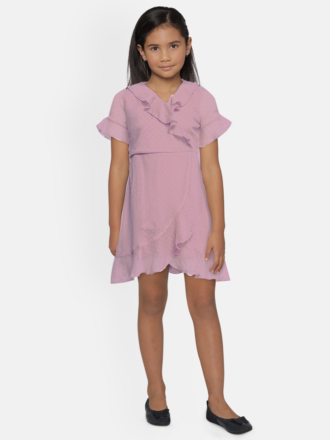 

AND Girls Purple Self Design Wrap Dress