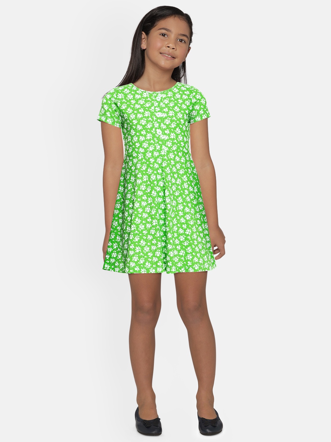 

AND Girls Green & White Floral Printed A-Line Dress