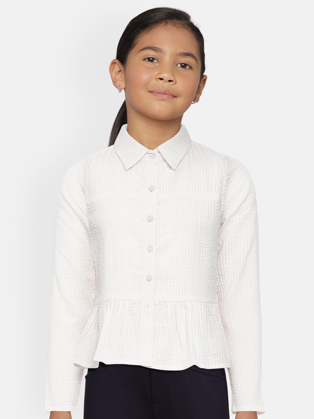 

AND Girls White Regular Fit Self-Striped Pure Cotton Casual Shirt
