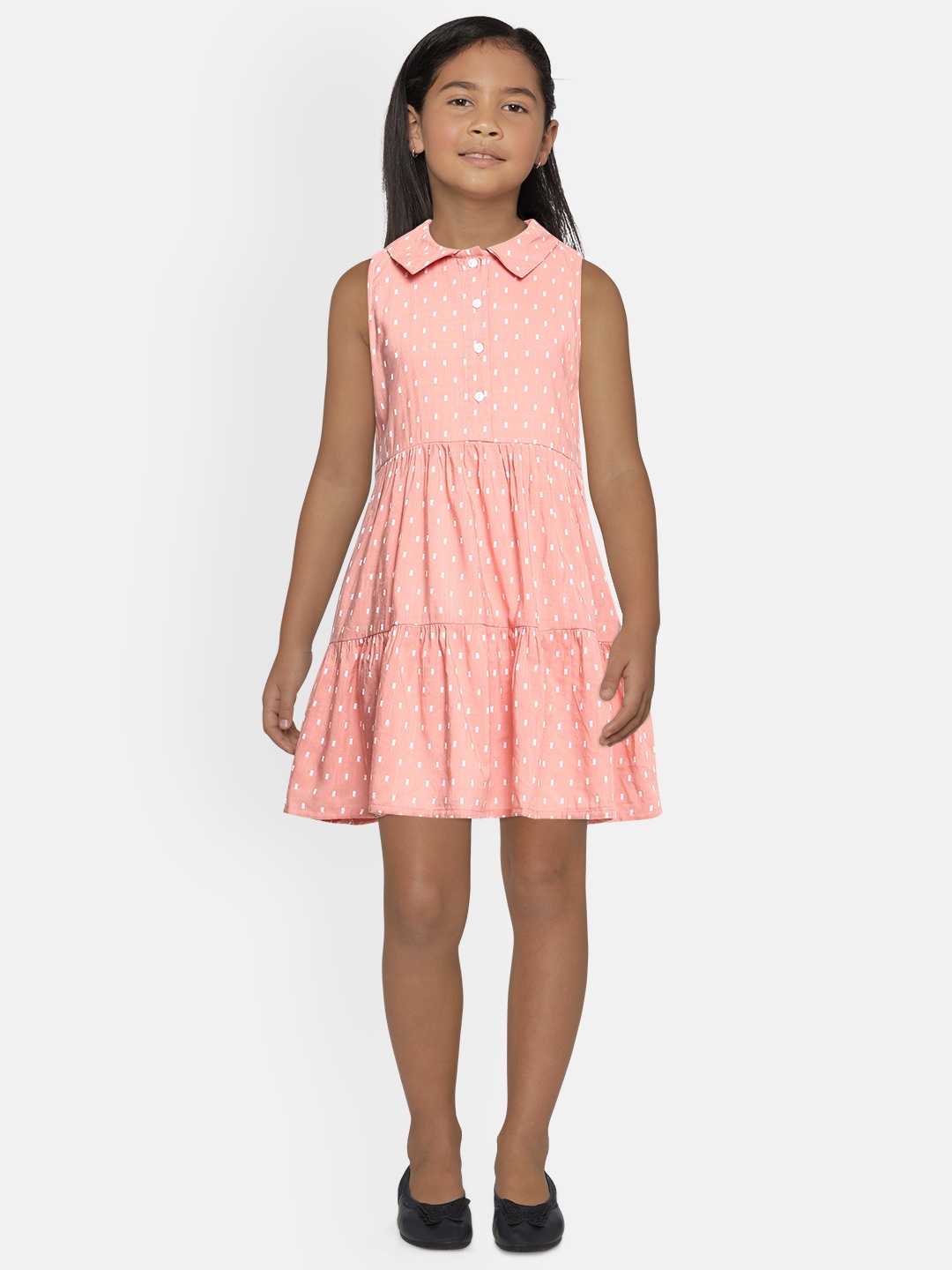 

AND Girls Peach-Coloured Printed A-Line Dress