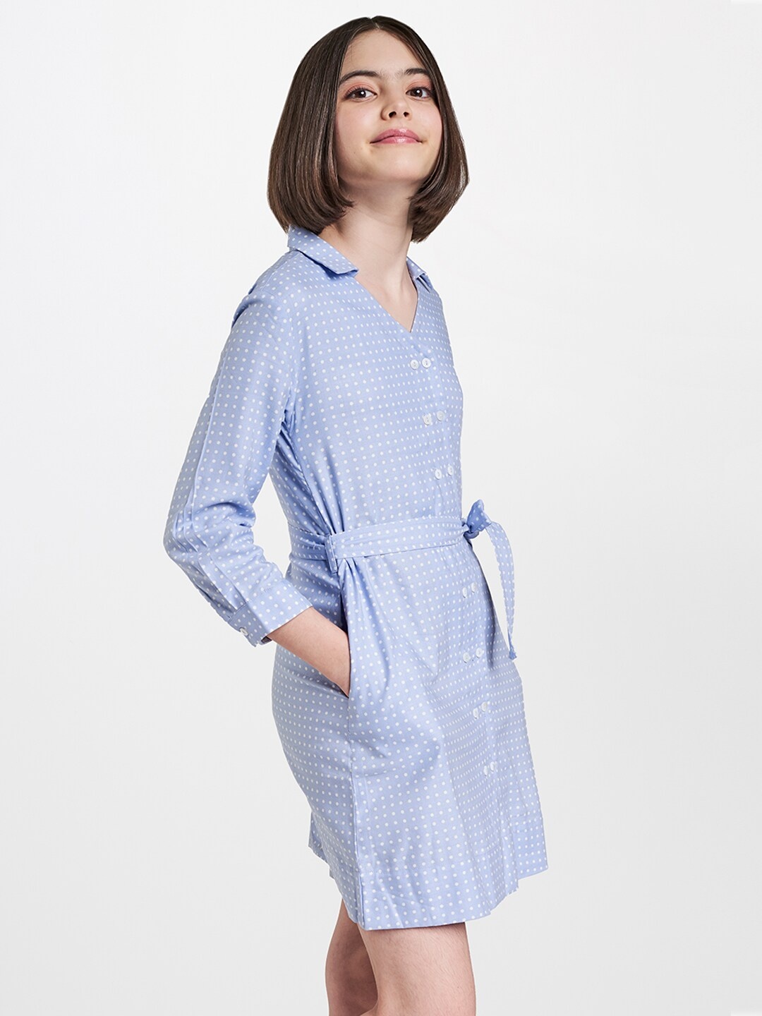 

AND Girls Blue & White Polka Dot Printed A-Line Dress