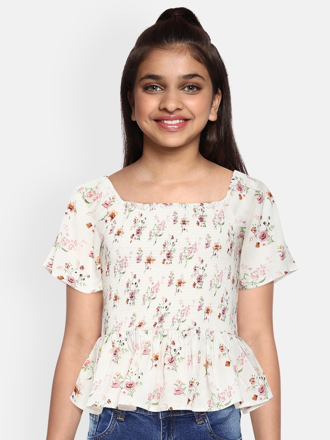 

AND Girls Off White Floral Printed Regular Top
