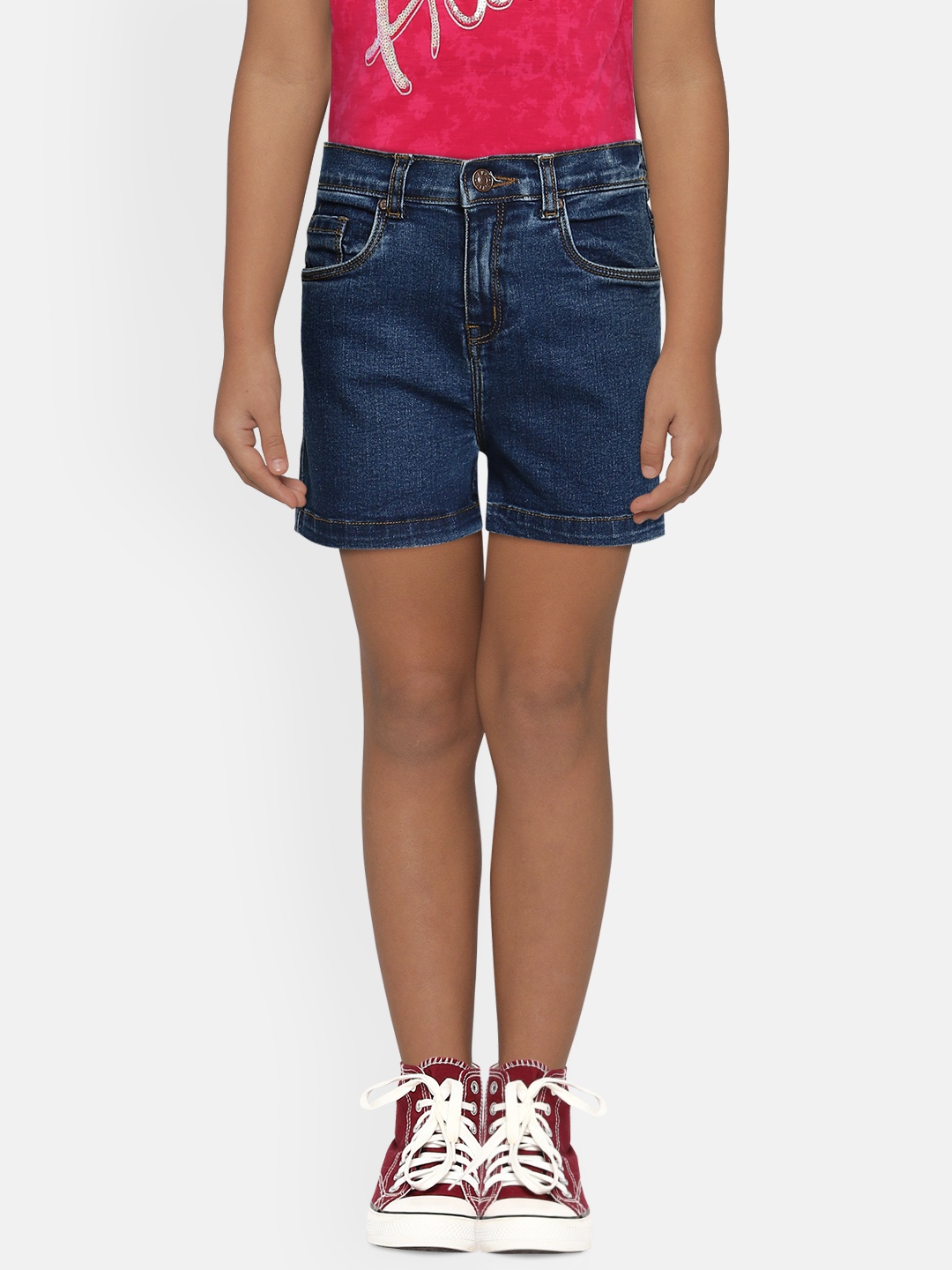 

AND Girls Navy Blue Washed Regular Fit Denim Shorts