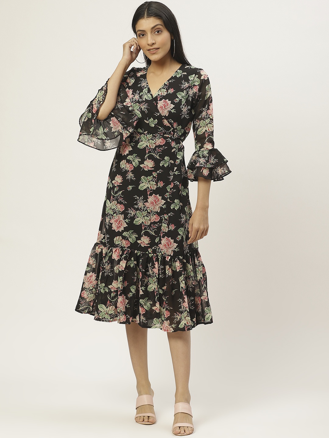 

WISSTLER Women Black & Pink Floral Print Wrap Dress