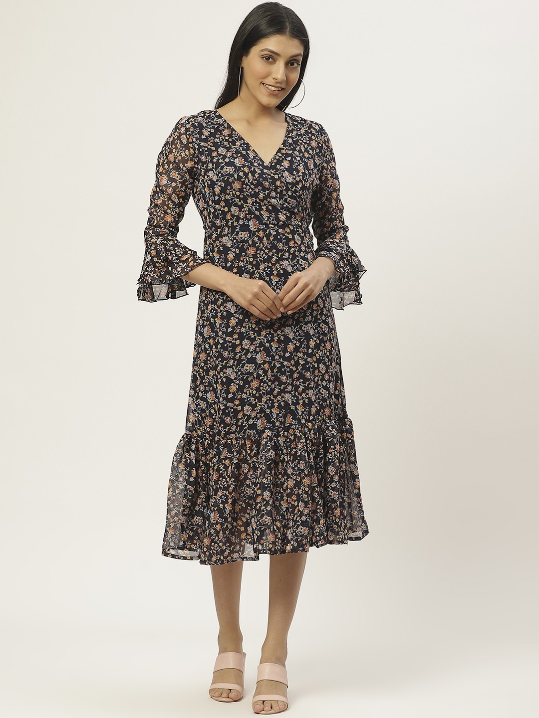 

WISSTLER Women Navy Blue & Orange Floral Print Wrap Dress
