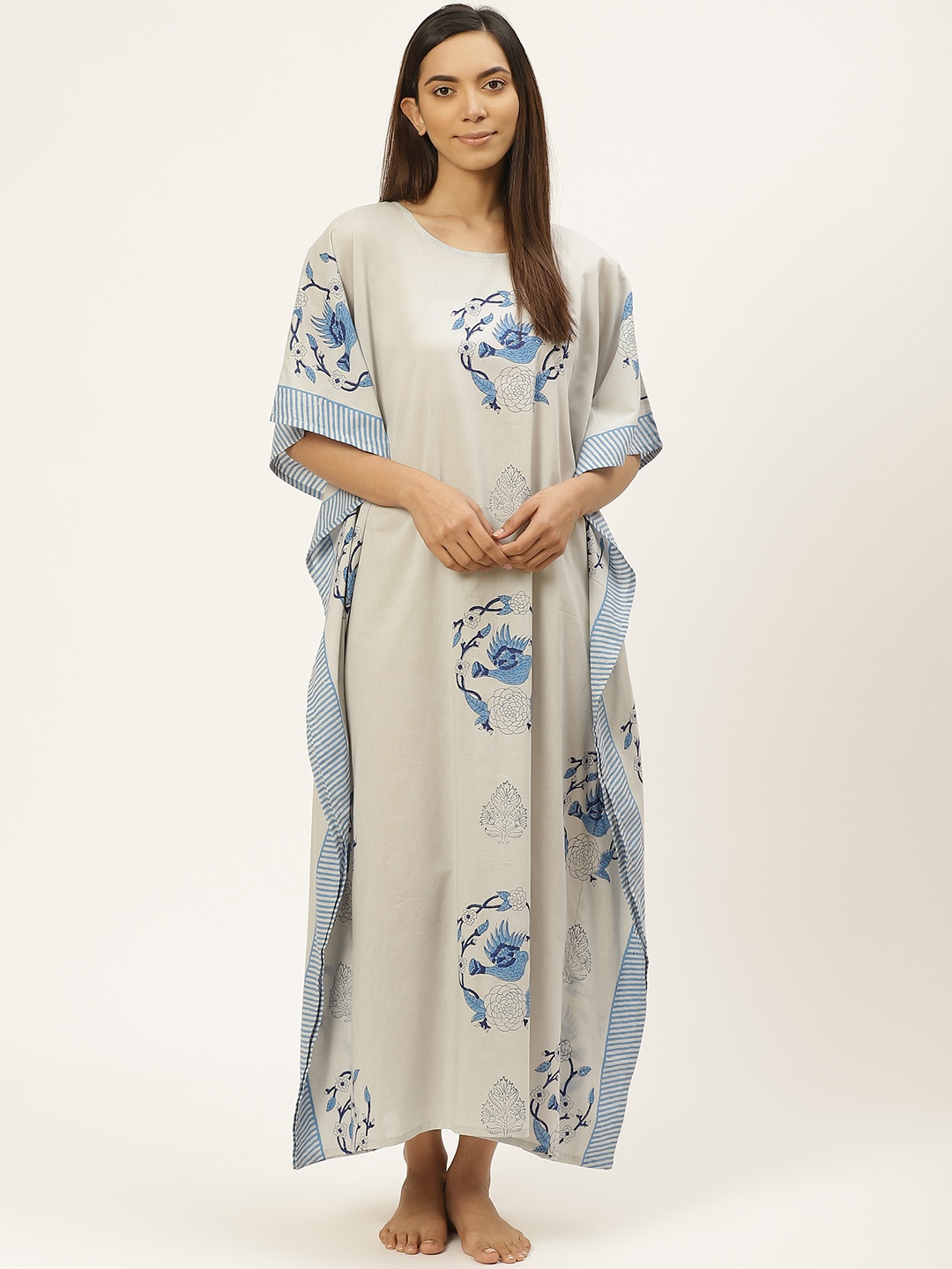 

Prakrti Grey & Blue Cotton Handblock Print Kaftan Sustainable Nightdress