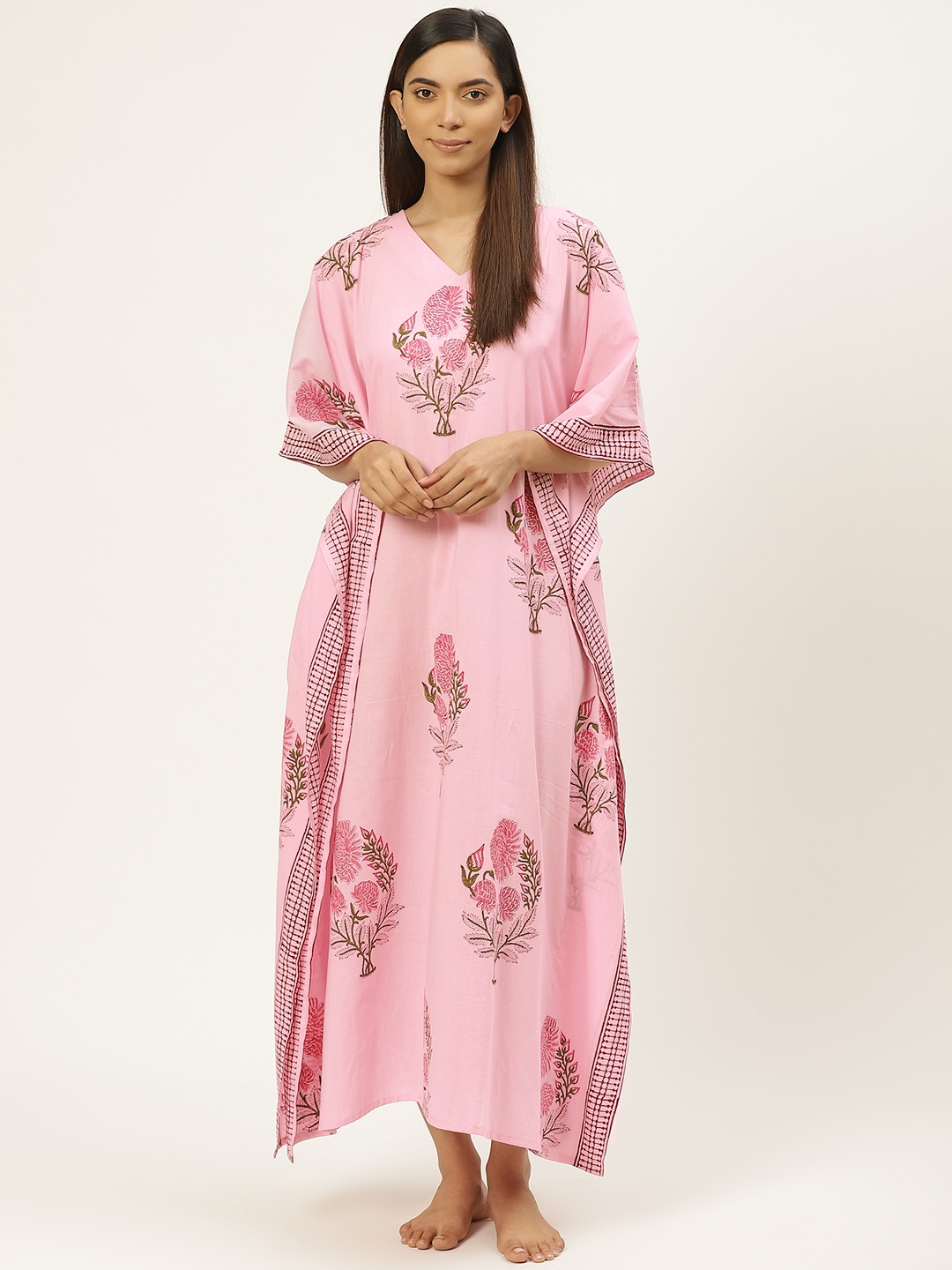 

Prakrti Pink & Green Cotton Handblock Print Kaftan Sustainable Nightdress