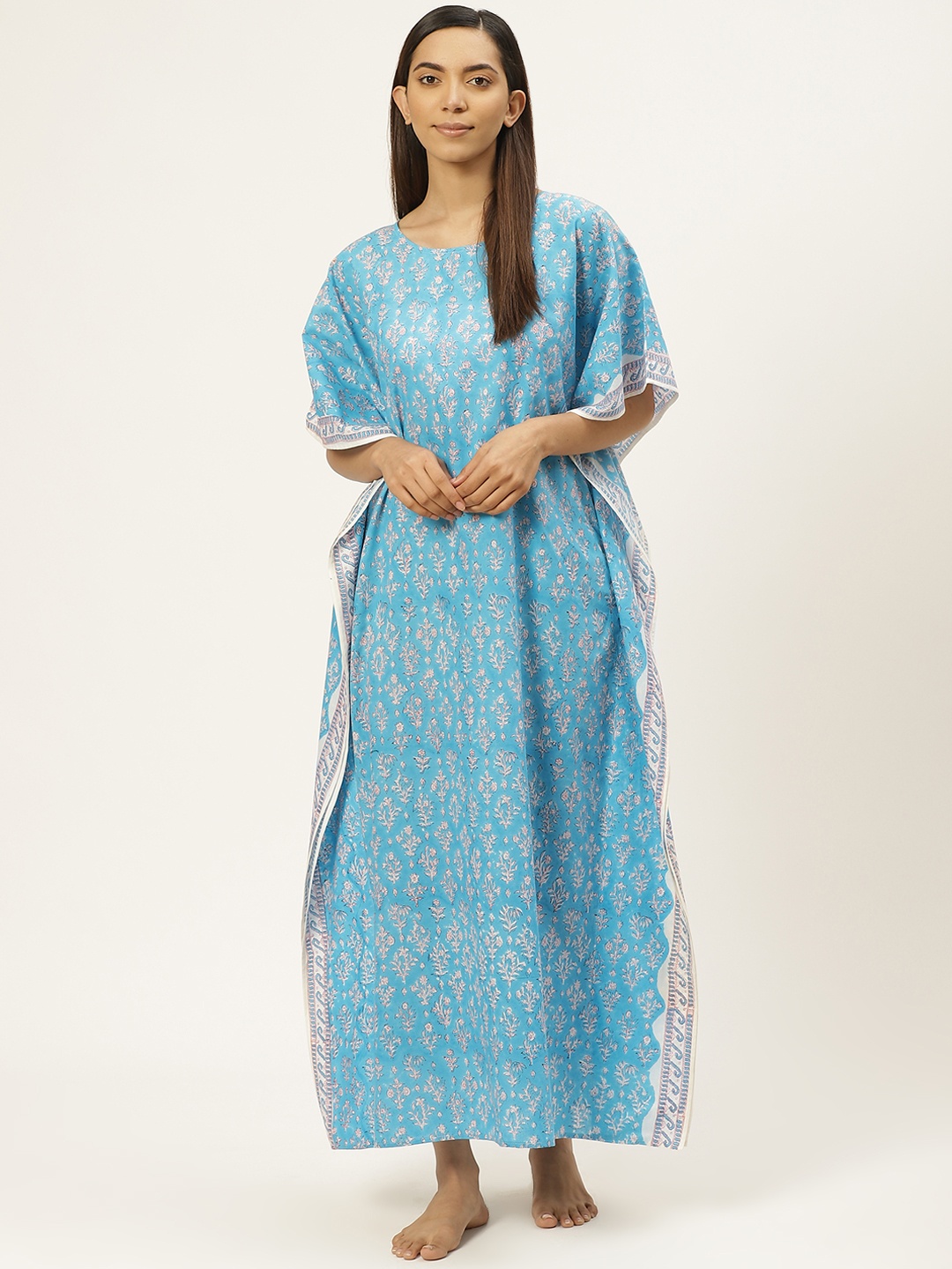 

Prakrti Blue & White Cotton Handblock Print Kaftan Sustainable Nightdress