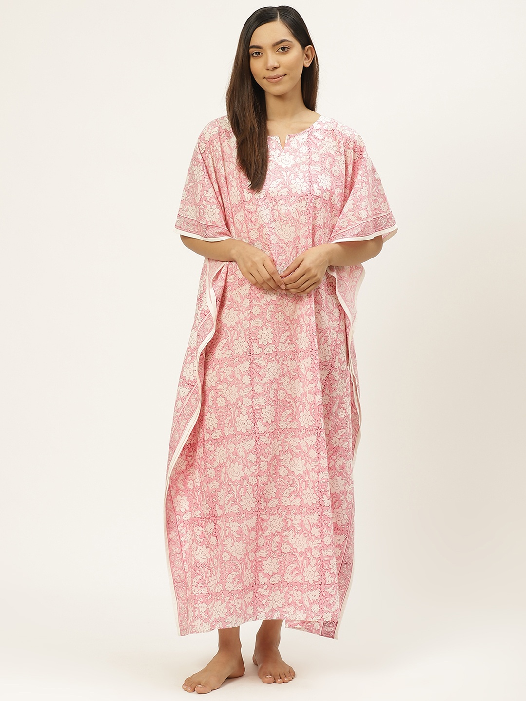 

Prakrti Pink & White Pure Cotton Handblock Print Kaftan Maxi Sustainable Nightdress