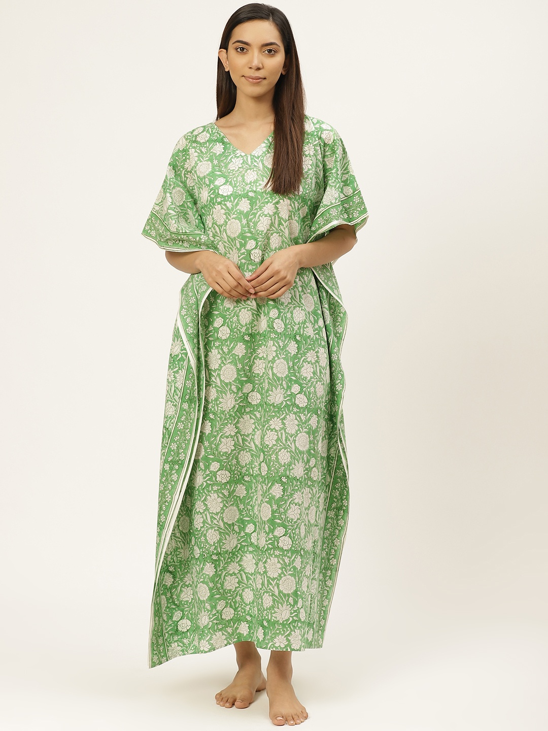 

Prakrti Green & White Cotton Handblock Print Kaftan Sustainable Nightdress