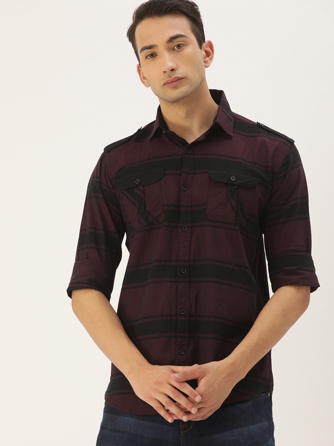 

Campus Sutra Men Maroon & Black Regular Fit Striped Casual Shirt