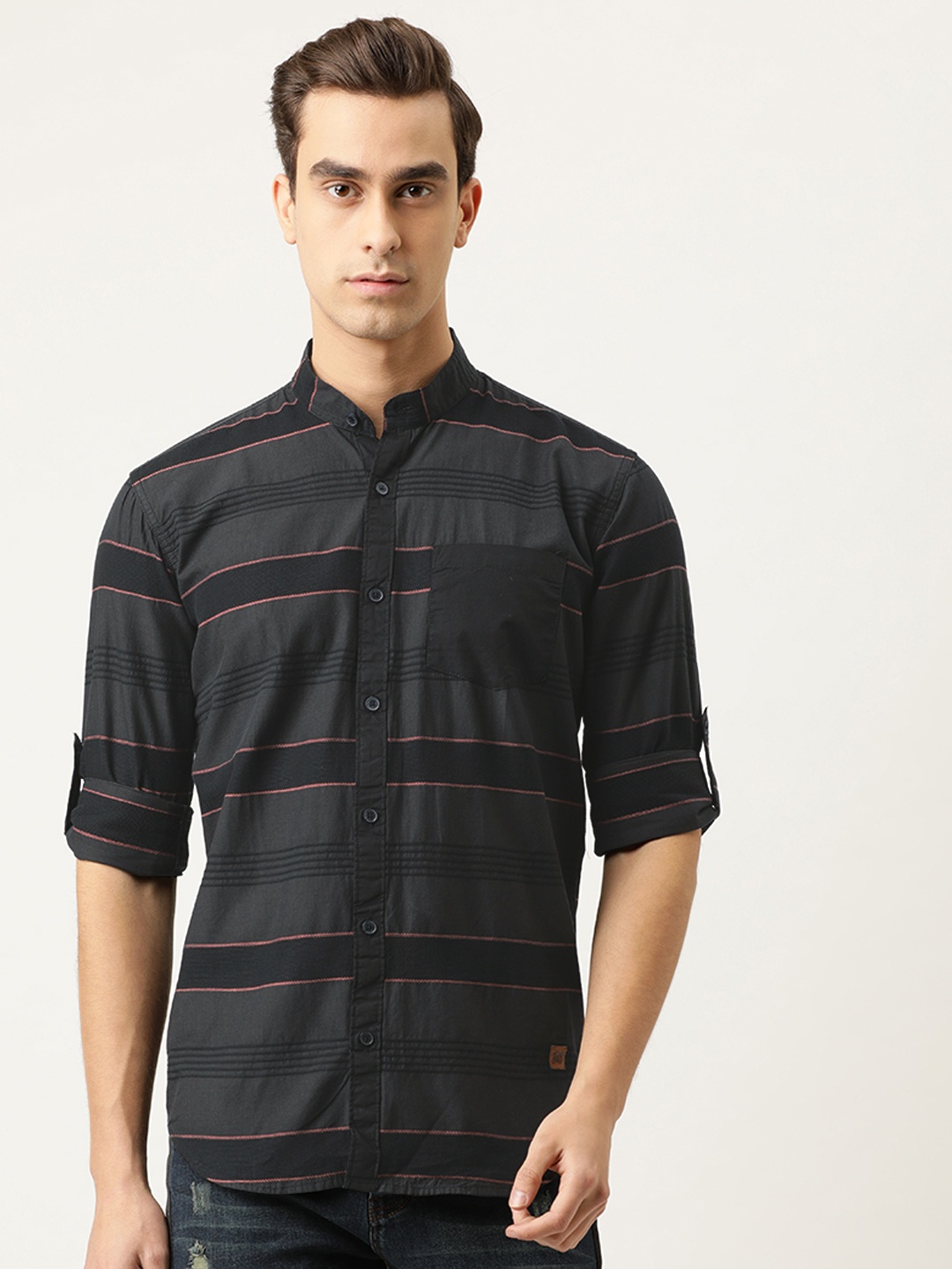 

Campus Sutra Men Charcoal Grey & Black Regular Fit Striped Casual Shirt