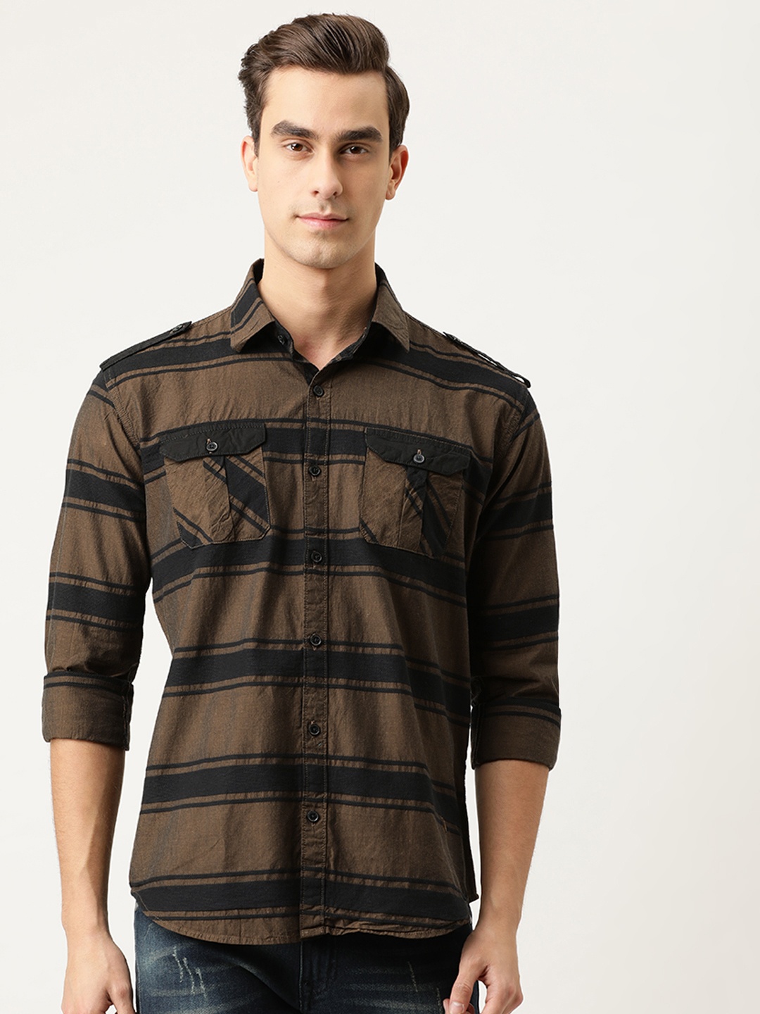 

Campus Sutra Men Brown & Black Regular Fit Striped Casual Shirt