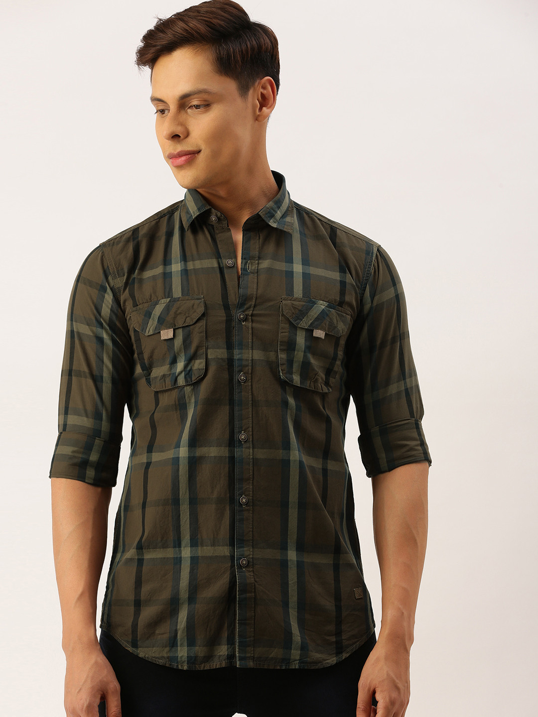 

Campus Sutra Men Olive Green & Off-White Regular Fit Pure Cotton Checked Casual Shirt