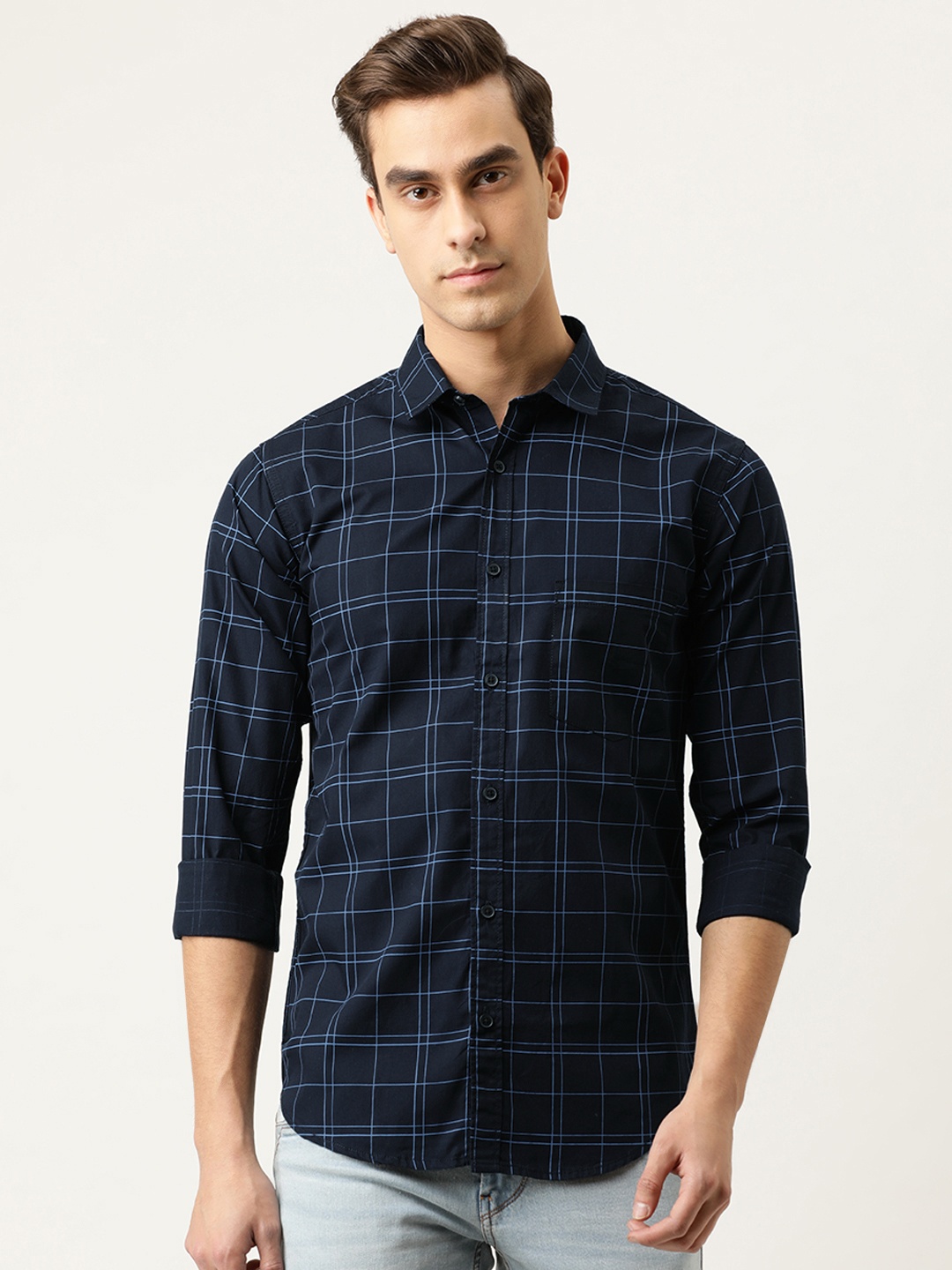 

Campus Sutra Men Navy Blue Regular Fit Checked Casual Shirt