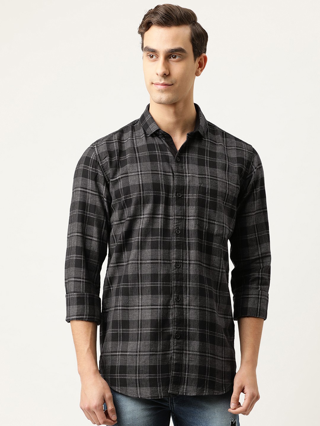 

Campus Sutra Men Black & Grey Melange Regular Fit Checked Casual Shirt