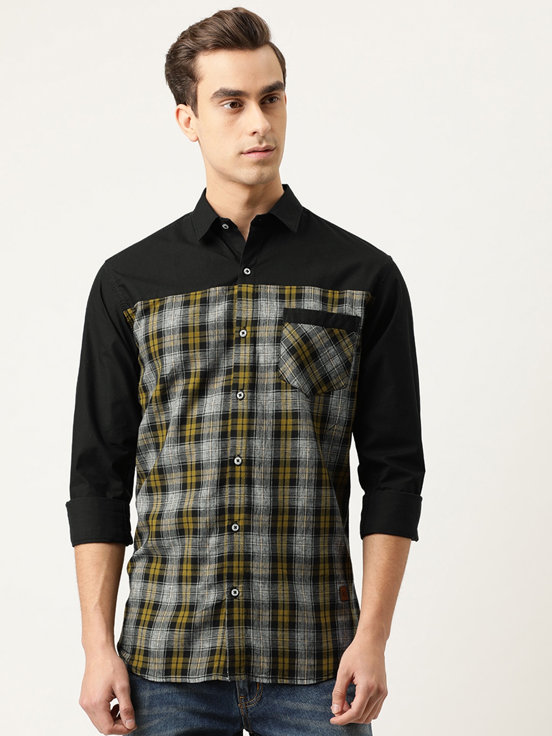 

Campus Sutra Men Olive Green & Grey Regular Fit Checked Casual Shirt