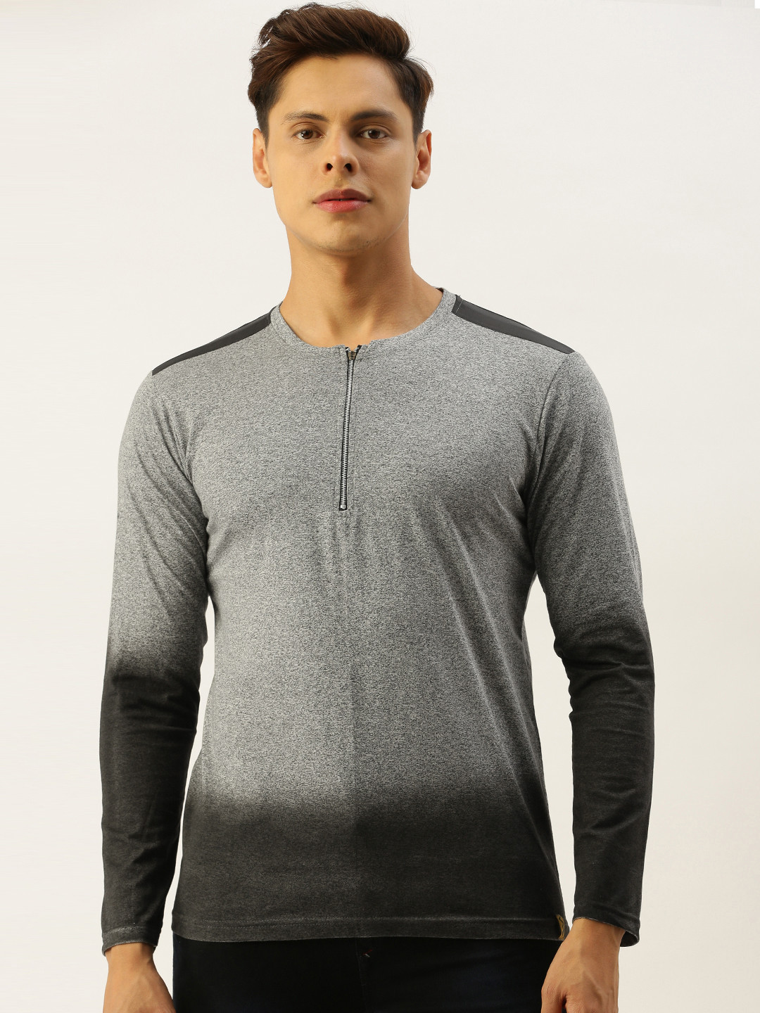 

Campus Sutra Men Grey Black Ombre Dyed Round Neck Pure Cotton T-shirt