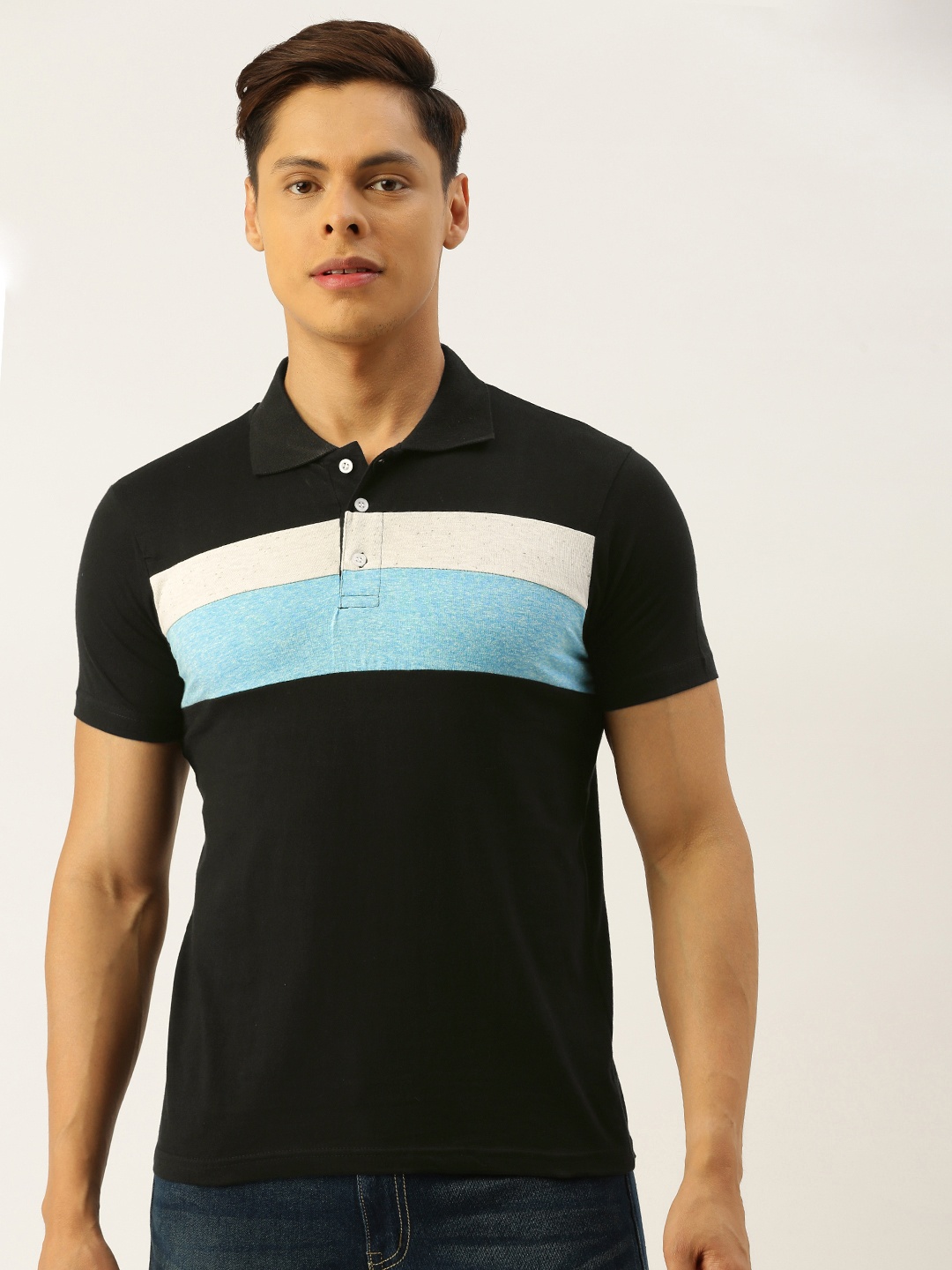 

Campus Sutra Men Black Blue Colourblocked Bio Wash Pure Cotton Polo Collar Pure Cotton T-shirt